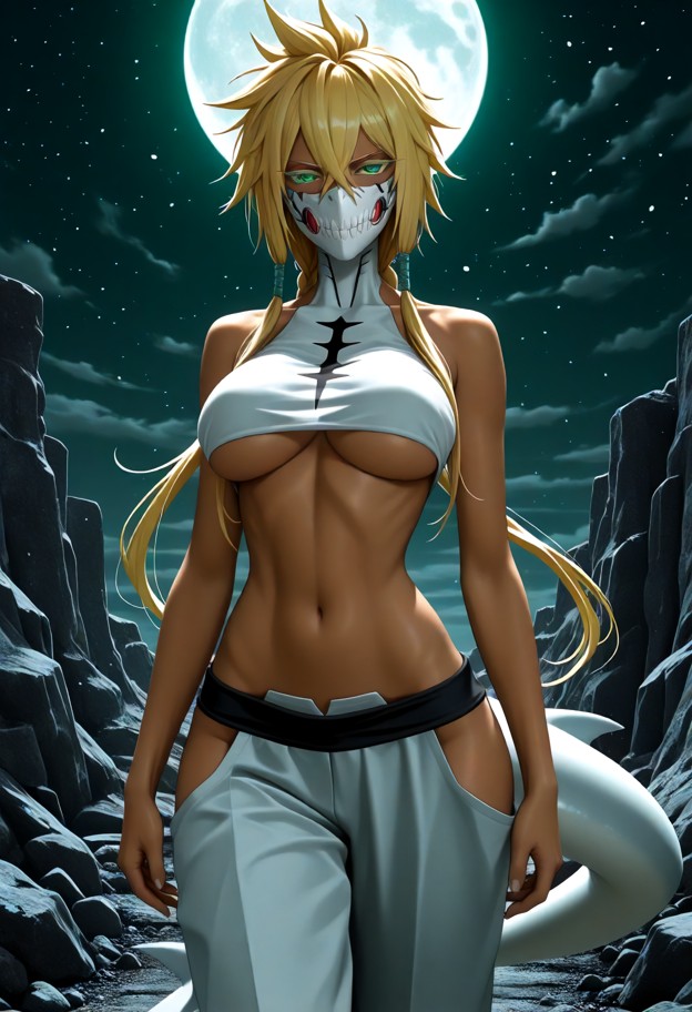 tier harribel walking toward viewer,white sleeveless top,white trousers,white bone mask,desolate landscape,white sand…