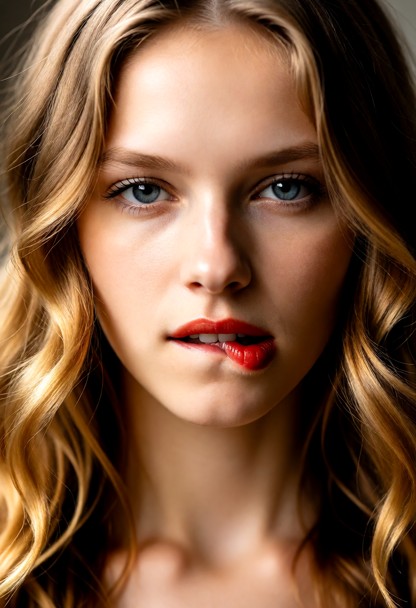 A close up shot of a womans face, biting her lower lip and staring into the camera