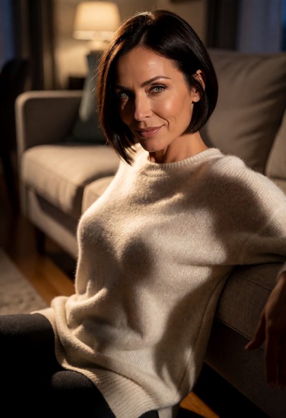 Location: dim living room in the evening with soft ambient light from a distant lamp casting warm glows and long shad…