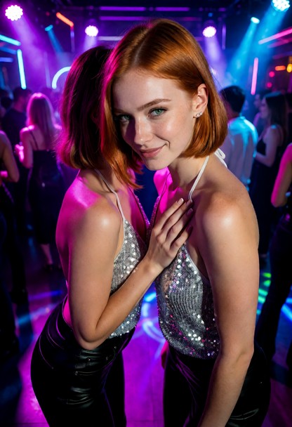 Location: dim and vibrant nightclub with pulsing neon lights in shades of violet and electric blue, casting colorful …