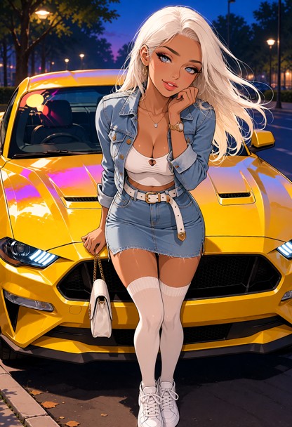 Location: evening in front of a bright yellow Mustang, with soft ambient streetlights casting colorful reflections on…