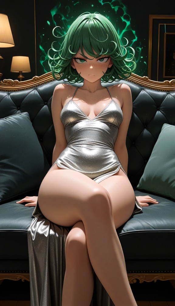 she is is sitting on a velvet couch leaning back with crossed legs,silk dress,living room,plush velvet couch,dim ambi…