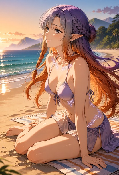 SCENE CONTEXT Golden-hour beach, late afternoon. A beautiful woman sits on a large beach towel, leaning back on her e…
