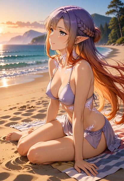 SCENE CONTEXT Golden-hour beach, late afternoon. A beautiful woman sits on a large beach towel, leaning back on her e…
