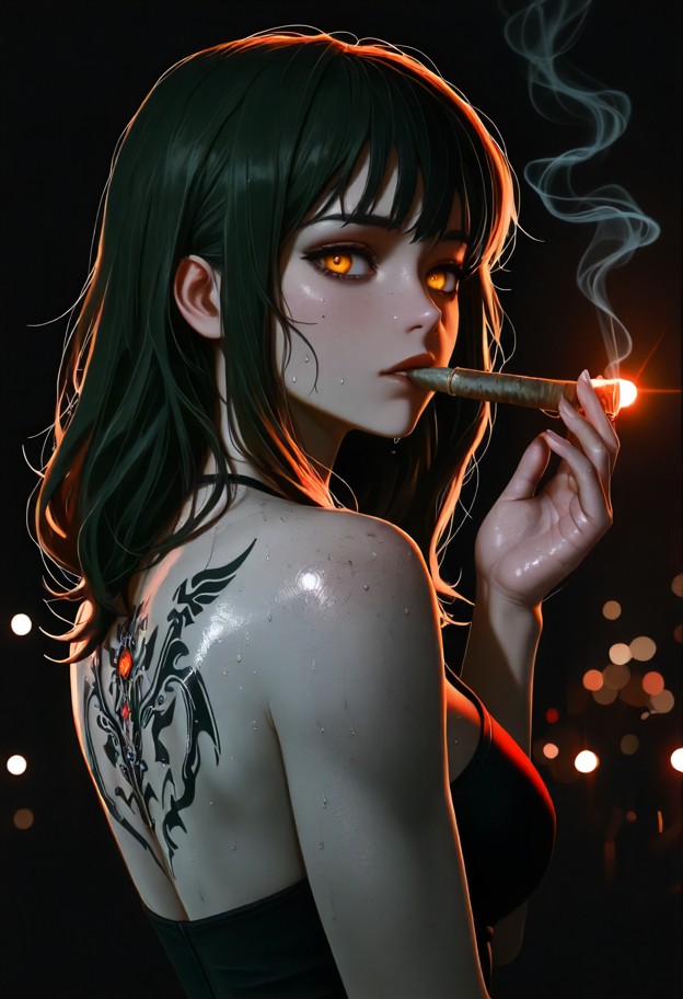 close-up portrait of a woman smoking a cigar,face clearly visible,highly detailed facial features

composition: tight…