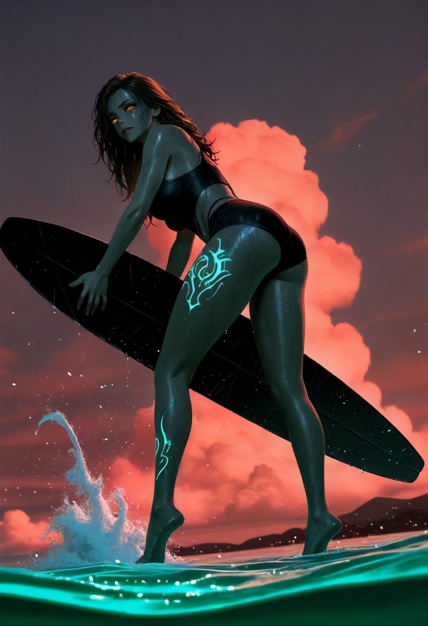 a cinematic high-speed action shot of a warrior-like woman surfing inside the barrel of a massive wave,full body clea…