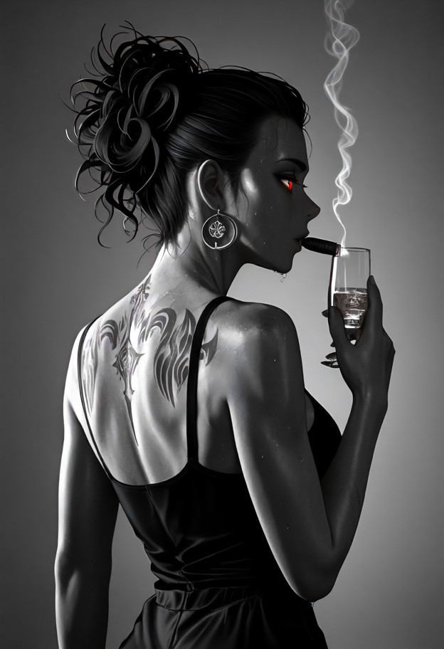 medium close-up portrait of a woman smoking a cigar,upper body visible,elegant composition

pose: relaxed posture,one…