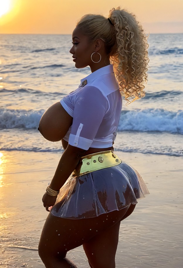 1girl,dark skin,walking on beach,holding hand,looking at user,wearing wet white see through galactic police button do…