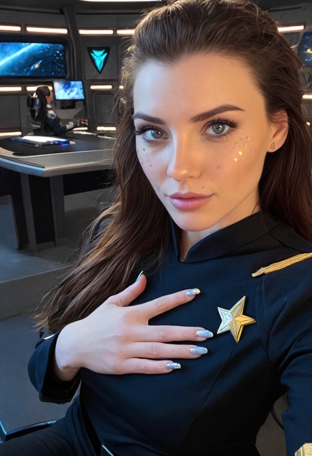 1girl sitting at table,gold and black starfleet uniform,mahogany table,polished metal walls,holographic display,swirl…