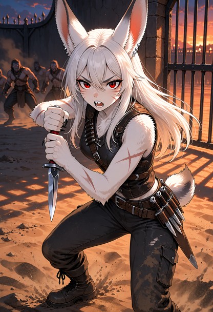 Location: dusty fighting arena at twilight, with the orange glow of a setting sun casting long shadows across the gri…