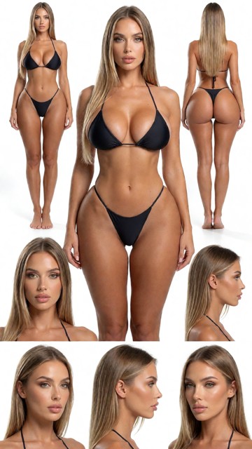 Skin must be clean and flawless: no tattoos, no scars, no marks, no blemishes. Wearing a minimal bikini black, perfec…