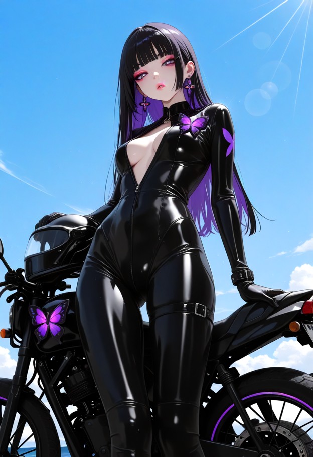 1 girl on a big modern motobike looking over the beach coast,clear sky,light lense,holding bike helmet. full bike sui…