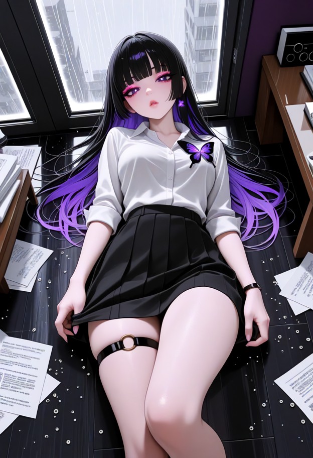 lying on her back on the floor,white button-up shirt,black school skirt pulled up,naked,boobs,office,wooden door,pile…