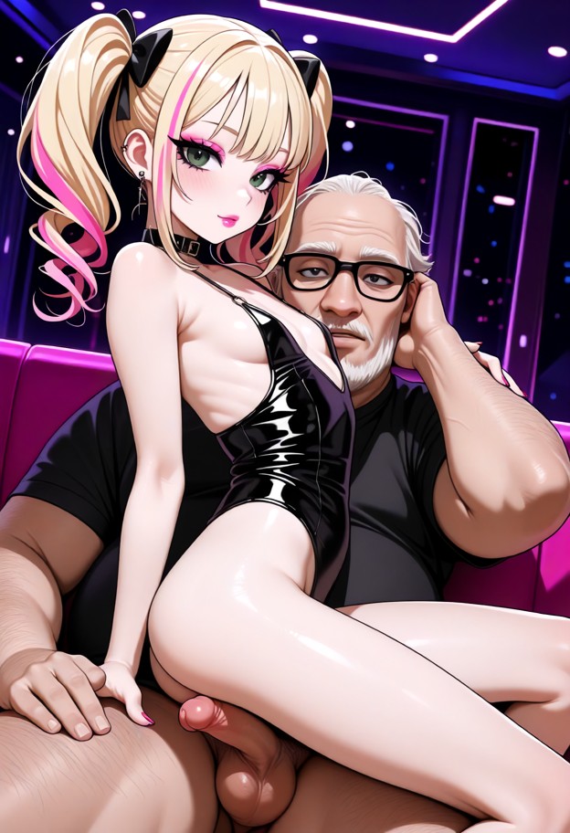 1femboy,short height,petite,slim,flat chest,flat chested,no boobs,small boobs,1 tall old man,femboy is sitting on the…