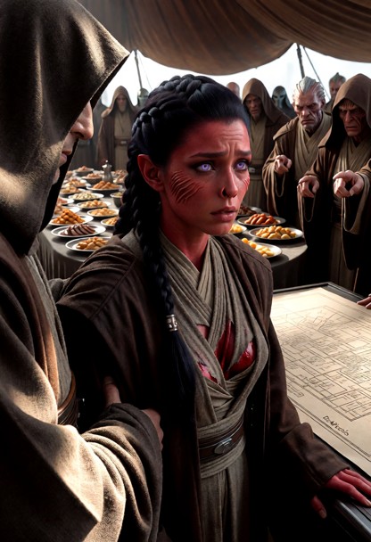 In the heart of the scene stands a female Padawan, her face etched with the struggle to master her emotions. Her brow…