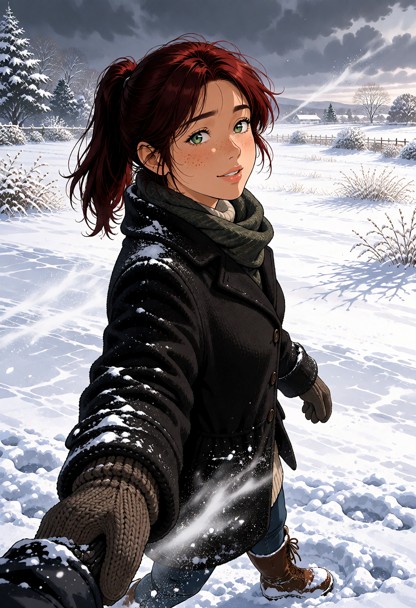 Location: winter afternoon in a sprawling, snow-covered garden where the landscape is a monochrome expanse of white u…