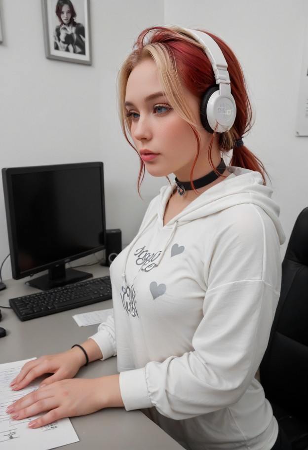 on pc e-girl style,dyed hair,oversized hoodie,playful accessories,blush glow,freckles,headphones,gamer girl,happy,smi…