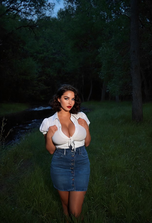 she is is standing in a dark forest clearing,white blouse,blue denim skirt,dark forest clearing,tall trees,soft grass…