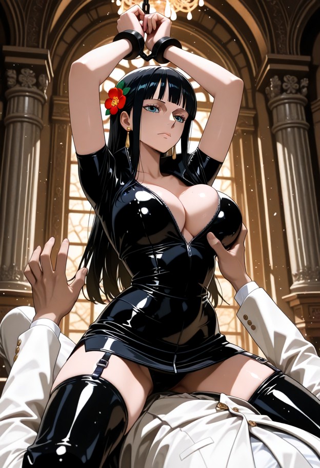 she is wearing a black shiny leather one piece dress with straps,short sleeves,popped collar,white undershirt with fl…
