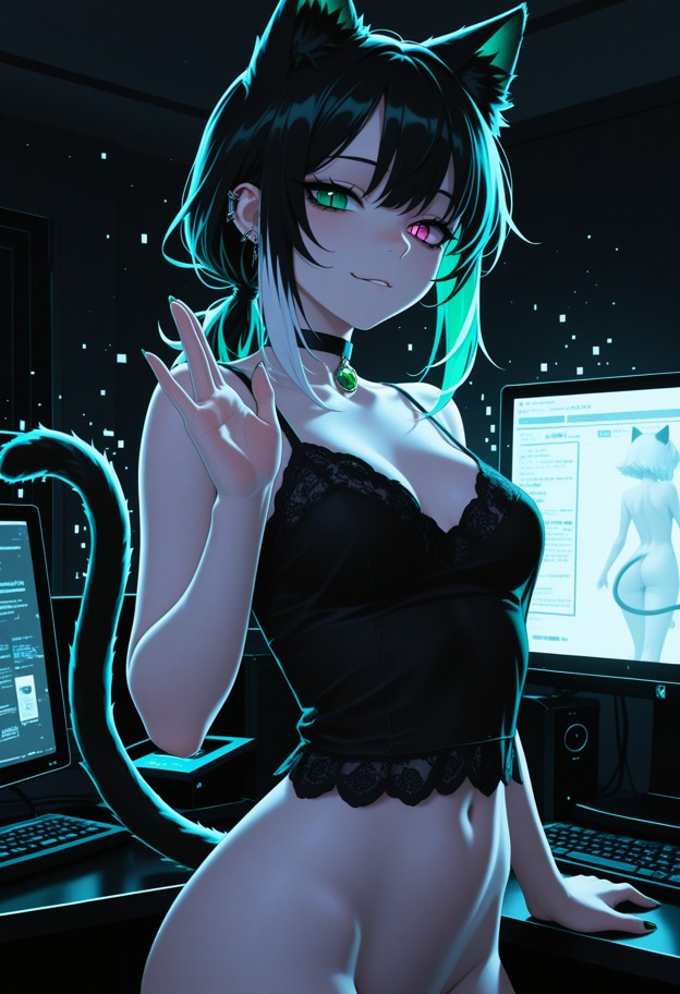 she is is pressing her face against a computer monitor,licking her lips,hand tracing glass,black lace camisole,dark r…