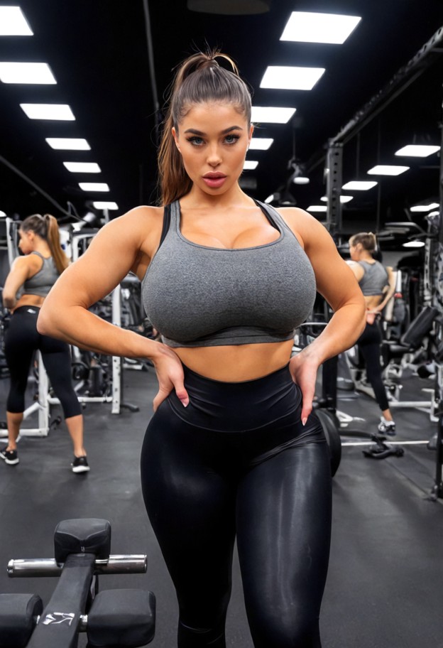 she is,rubbing her crotch through her leggings,tight black spandex leggings,small grey cotton crop top,gym,large mirr…