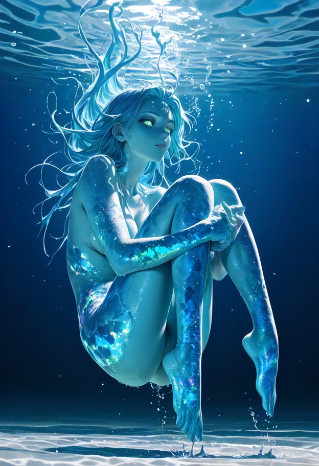 underwater,deep ozean,naked,swimming,grinning at the camera,blue skin,transparent,like water,1girl,solo,both legs in …