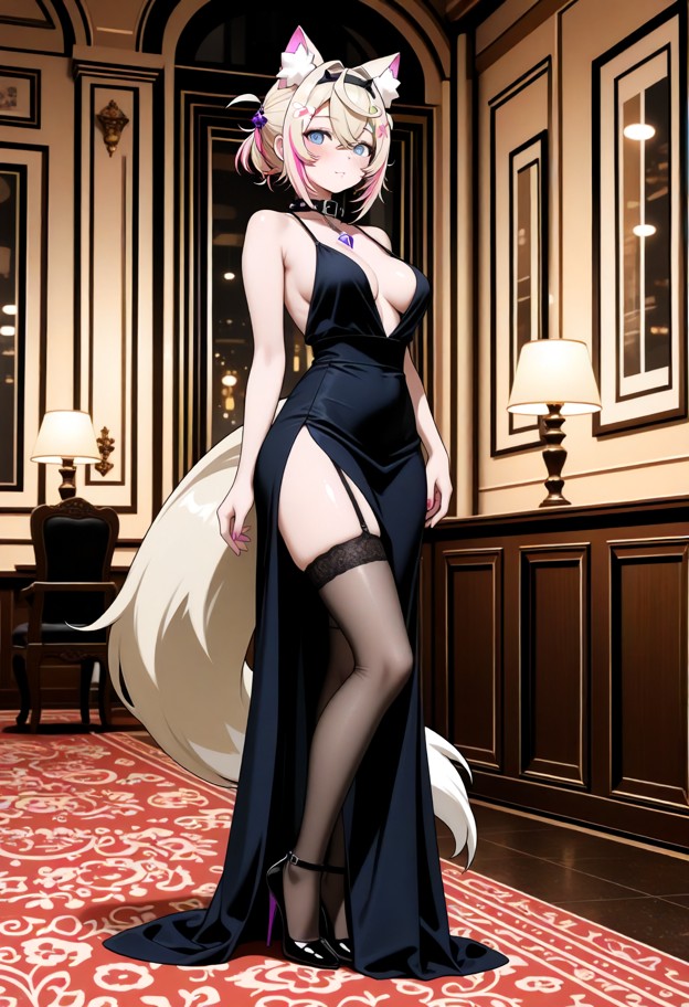 she is is standing in a ballroom,evening dress,slit dress,stockings,stiletto heels,ballroom,luxury interior,full body…