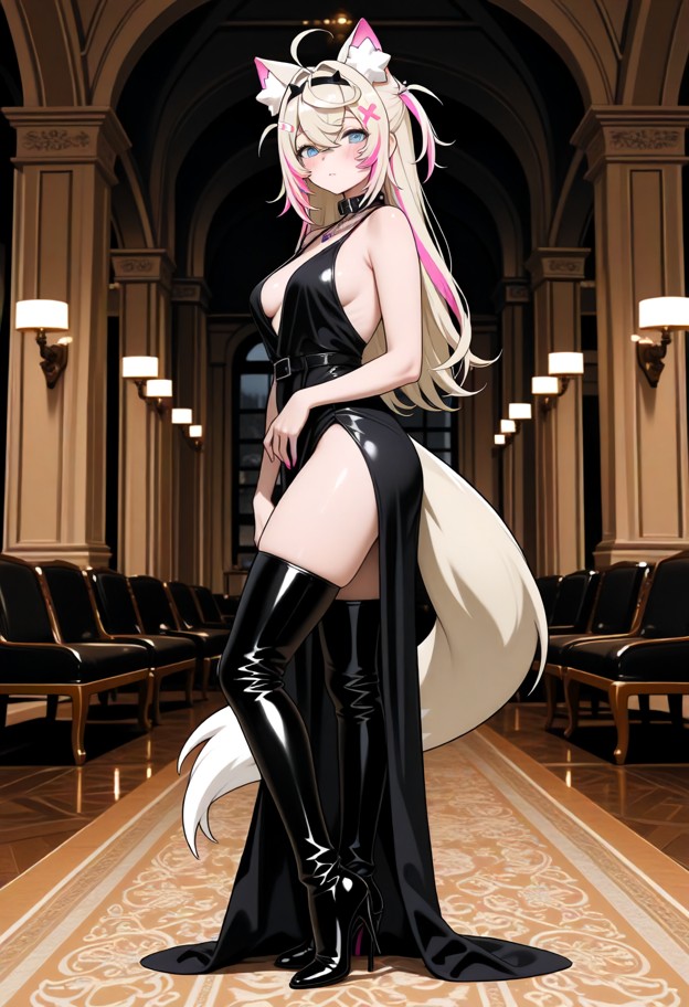 she is wearing evening dress,slit dress,stockings,thigh high leather boots,stiletto heels,ballroom,full body,eye leve…