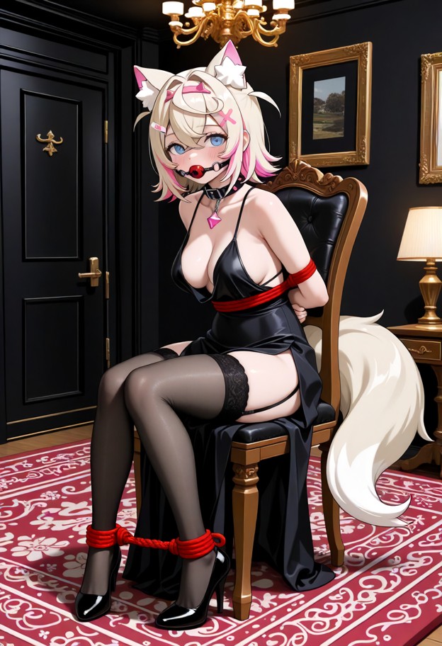 1girl,,breasts,dress,solo,virtual_youtuber,high_heels,thighhighs,black_dress,tail,black_footwear,indoors,full_body,ch…