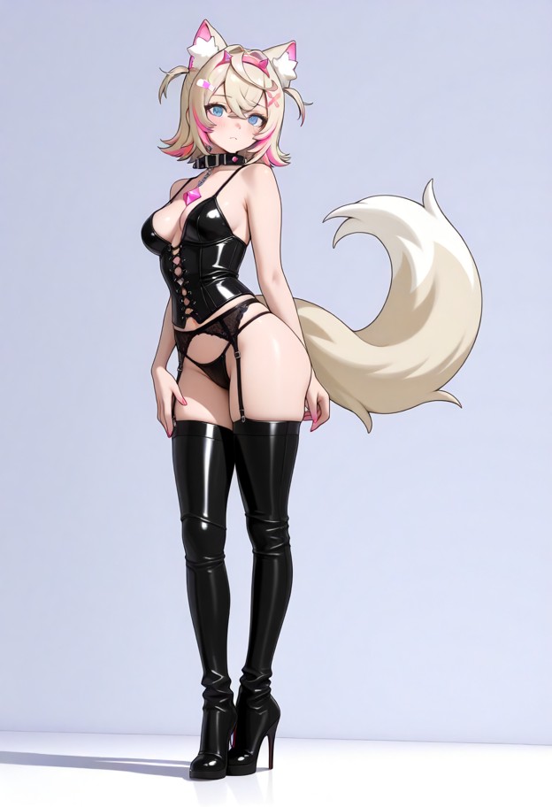 she is is posing in leather clothing,leather corset,thong,garter belt,stockings,thigh high leather boots,stiletto hee…