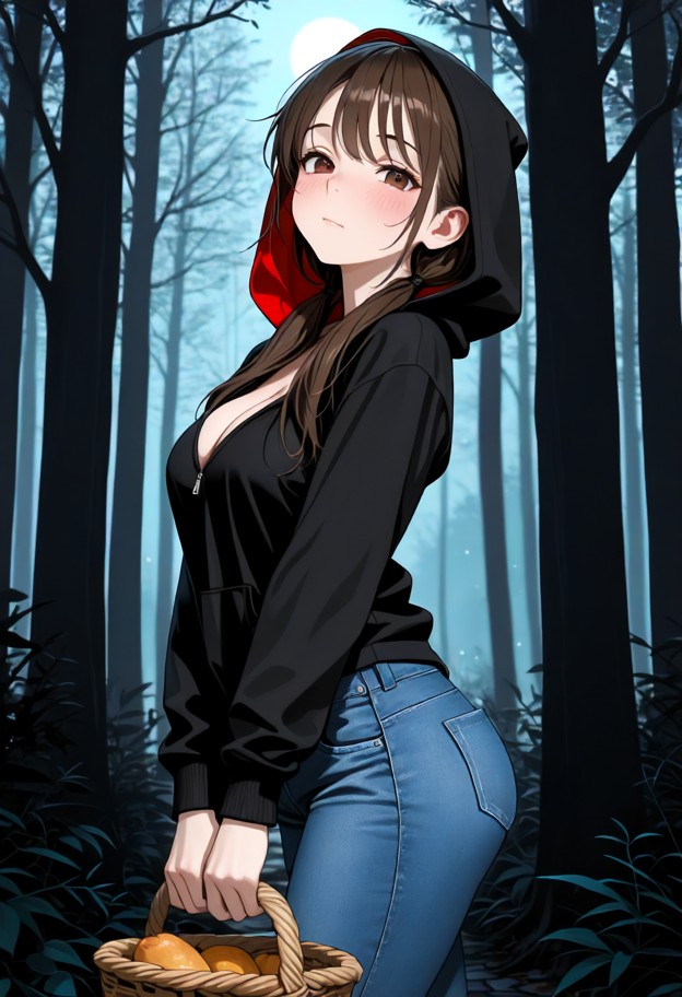 the final answer is $1girl walking through dark forest with basket,blue jeans,black hoodie with hood up,moonlight shi…