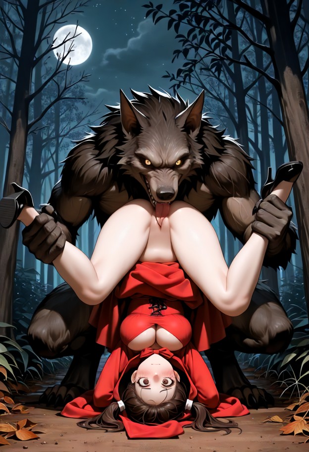 1girl being held upside down by werewolf,1girl wearing red riding hood dress with white ruffles,1girl legs kicking wi…