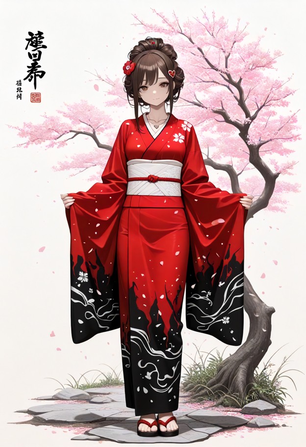(full-body third-person cinematic view:1.4),petite young woman in traditional red silk kimono with white obi sash,sta…