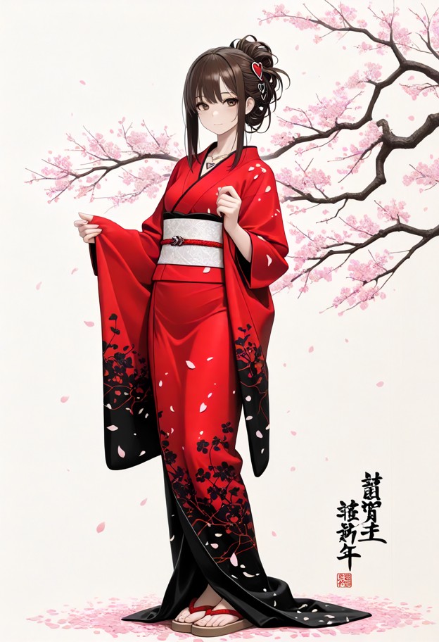 (full-body third-person cinematic view:1.4),petite young woman in traditional red silk kimono with white obi sash,sta…