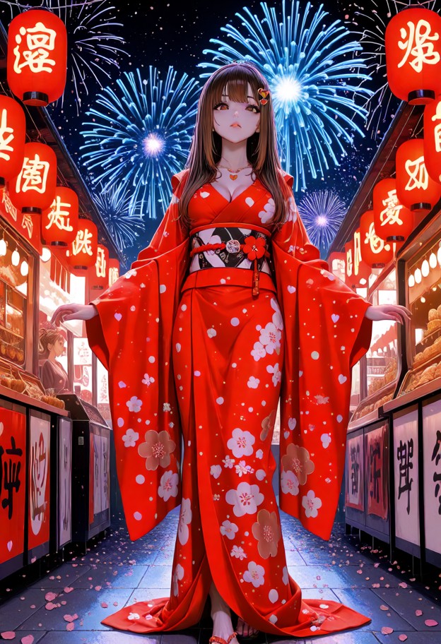 (full-body anime character portrait:1.4),petite young woman standing at japanese summer festival,looking up at colorf…