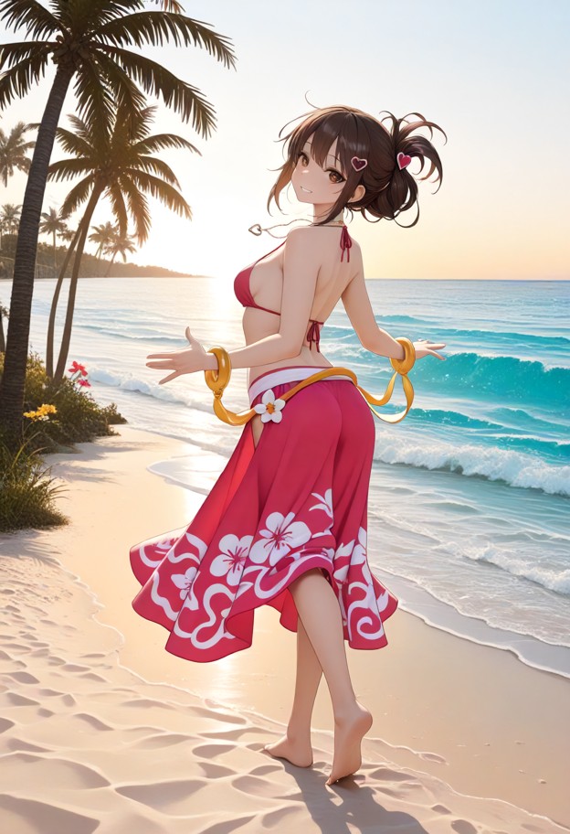 (full-body third-person cinematic view:1.4),petite girl dancing hula on a sunny hawaiian beach,traditional grass skir…
