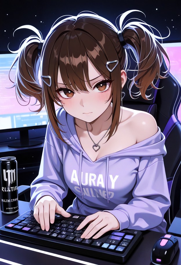(full-body third-person cinematic view:1.4),tiny petite anime girl seated in a sleek rgb gaming chair,fingers activel…