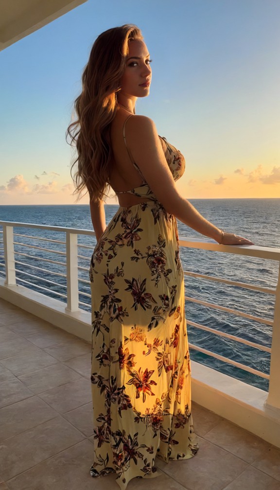 elegant woman in a fitted floral maxi dress,delicate gold jewelry,hair in loose waves,standing on a tropical resort b…