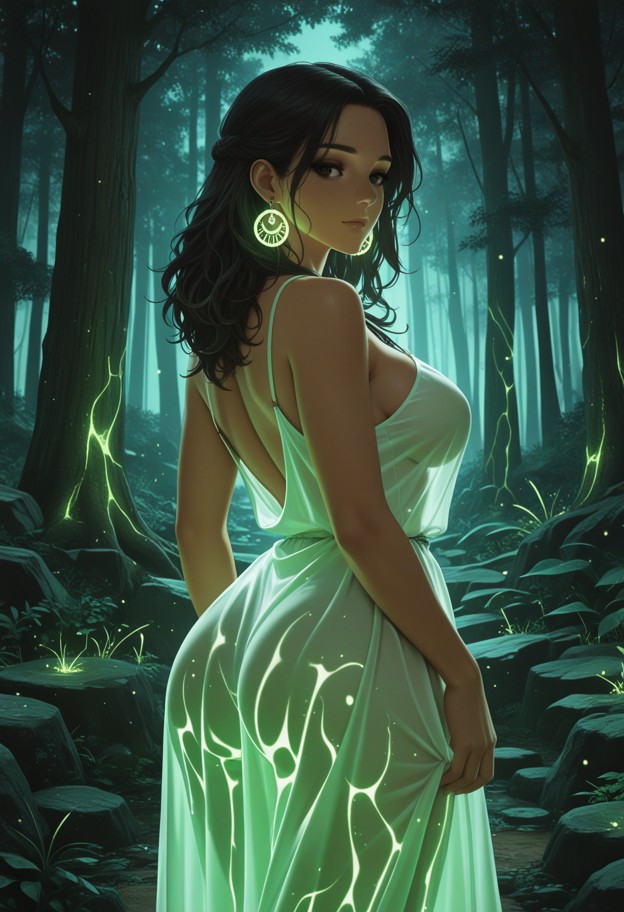 she is standing at the edge of a light vortex,green silk sundress,ancient forest grove,mossy stones,glowing symbols,s…