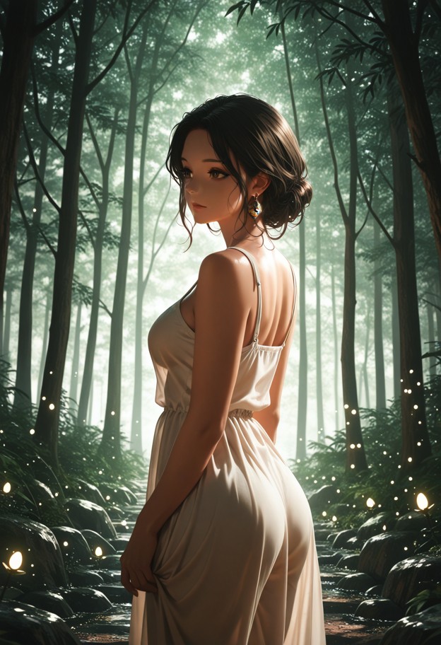 she is standing at the edge of a light vortex,green silk sundress,ancient forest grove,mossy stones,glowing symbols,s…