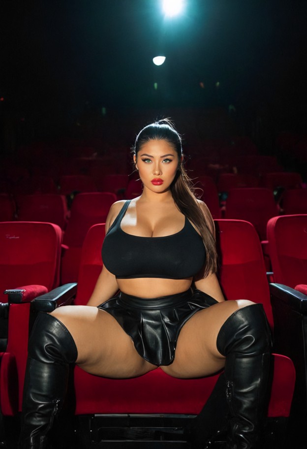 she is sitting in theater seat with legs spread wide and pulling her black crop top up,boobs,black crop top,tiny blac…