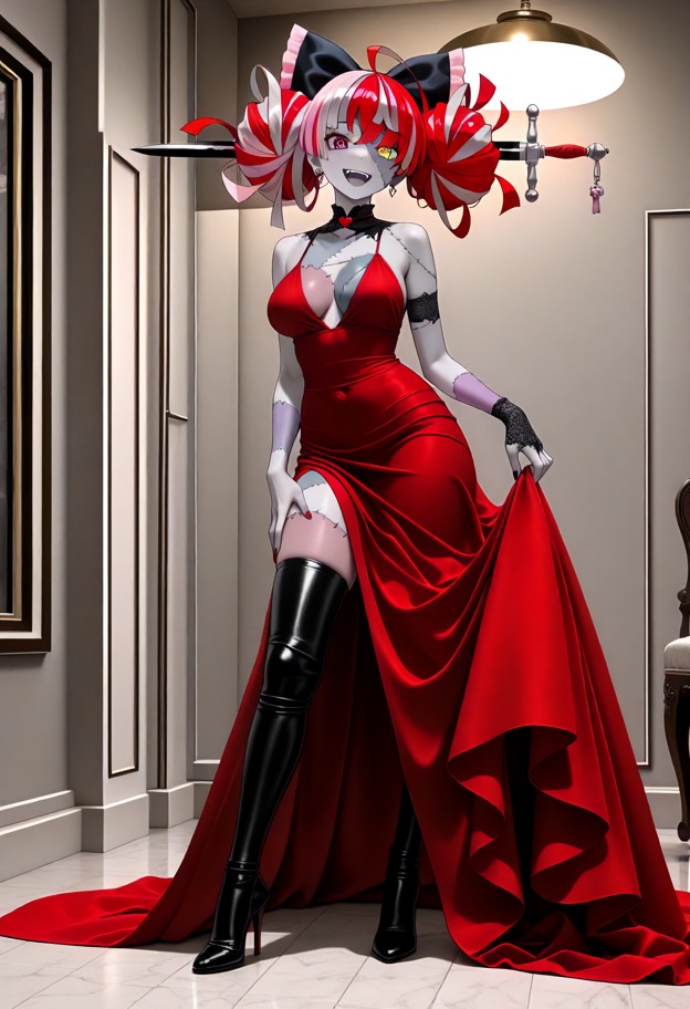 a she is is standing in a ballroom wearing an evening dress and thigh high leather boots,evening dress,slit dress,thi…