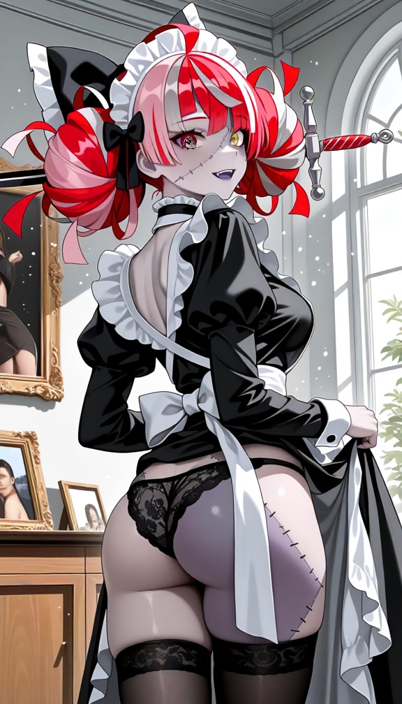1girl,underwear,panties,ass,breasts,maid,thighhighs,black_panties,solo,maid_headdress,enmaided,indoors,clothes_lift,p…