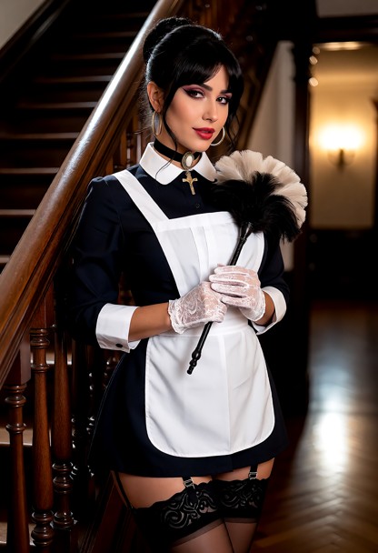 Location: a dimly lit hallway with polished dark wood banisters and soft, warm light reflecting off the floor from a …