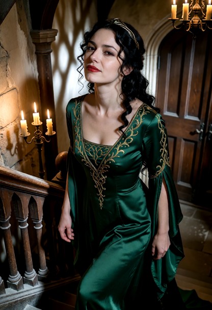 Location: dim evening in a drafty, stone-walled hallway with flickering candlelight casting long, dancing shadows aga…