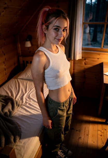 Location: cozy wooden cabin interior at dusk, with dim amber light from an unseen source casting long shadows across …