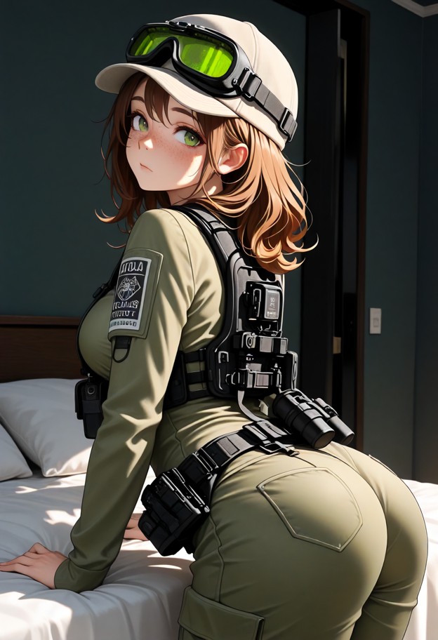 1girl,solo,arched back,head on bed,ass up,view on pussy
tactical gear