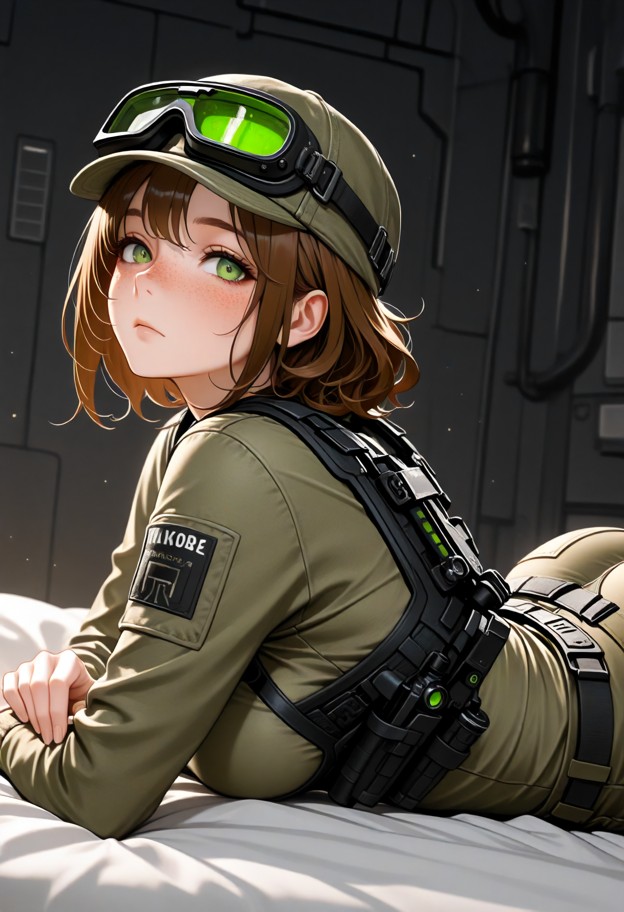 1girl,solo,arched back,head on bed,ass up,view on pussy
tactical gear. trench background. warzone