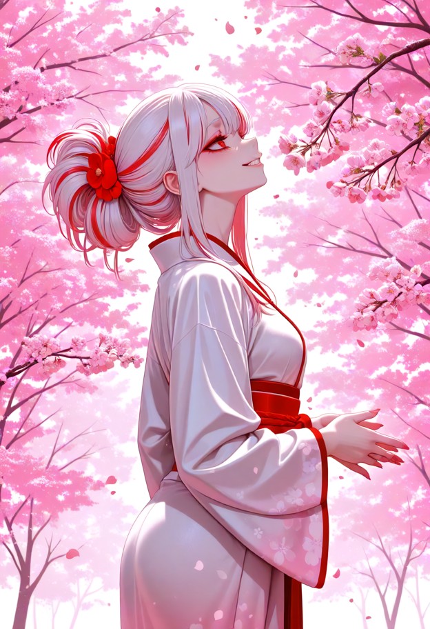 1girl,simple japanese kimono,pure white with red trim,hair tied up in japanese fashion,standing,spring_(season),cherr…