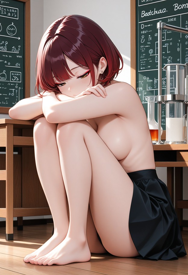 leaning against a shoulder with closed eyes,naked,boobs,black skirt,chemistry lab,wooden desks,glass beakers,bunsen b…